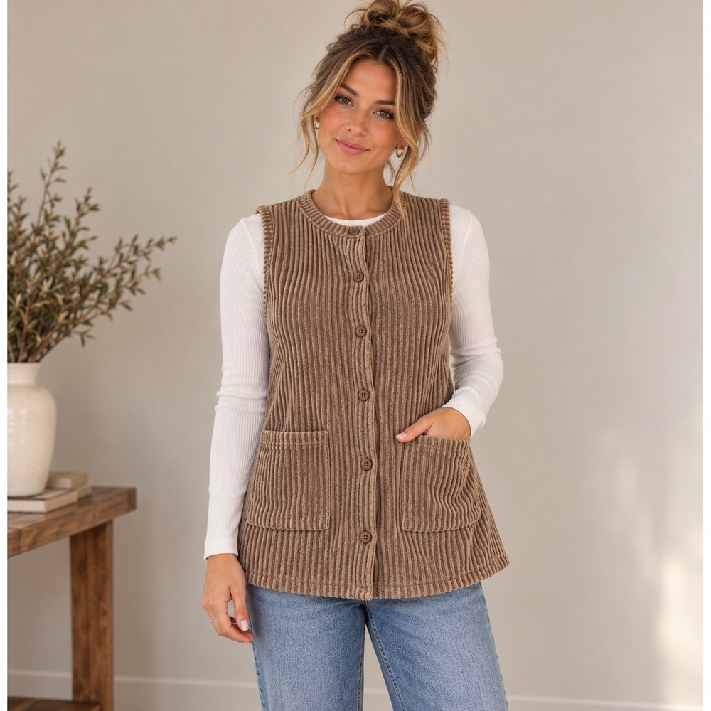 Cupshe NWT Women Ribbed Brown Soft Button Up Vest with Pockets Medium